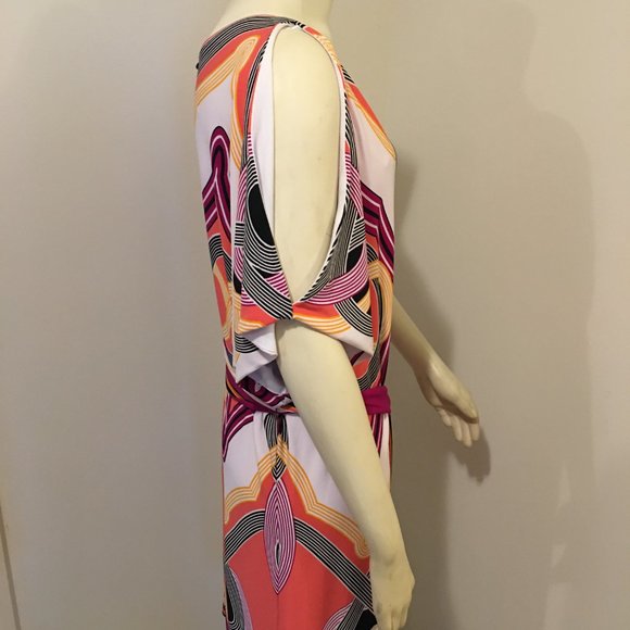 SANDRA DARREN Coral Multi Scarf Print Cold Shoulder Knee Length Dress 16 - Picture 4 of 6